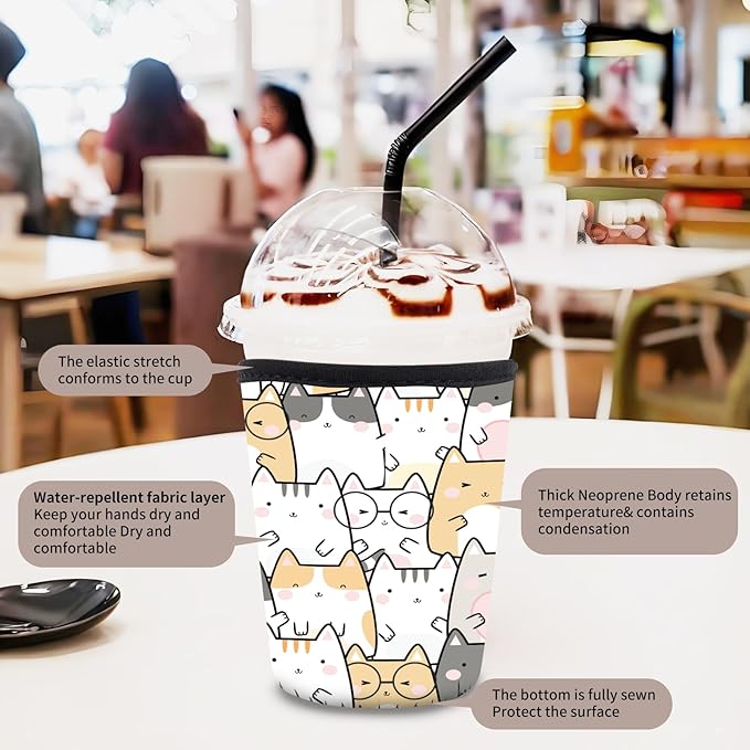 3 Pack Reusable Neoprene Insulator Sleeve for Iced Coffee Cups, Funny Coffee Cup Sleeves for 16-32oz Coffee cups, Cute Drink Sleeve for Cold Hot Beverages Cute Cats