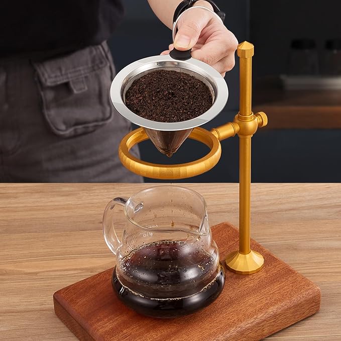 LAMLENT Pour Over Coffee Stand, Height Adjustable Pour over Coffee Maker with Sapele Wooden Base, Paper Filters, Bronze