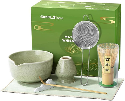 SIMPLETaste Matcha Whisk Set, 7 Pcs Ceramic Matcha Kit Includes Bowl, Whisk and Holder, Bamboo Scoop, Scoop Rest, Sifter and Tea Towel - Matcha Kit for Macha Lovers (Green)