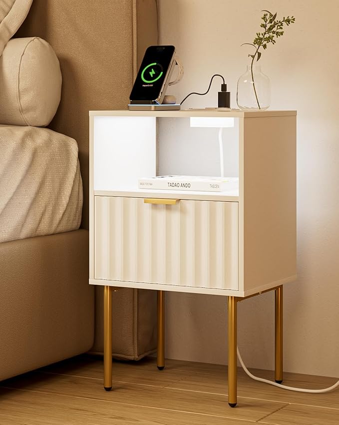 Nightstand with Charging Station and LED Lights, Modern White Bedside Table with Fluted Panel Drawer and Gold Legs, Side Table with USB Ports & Outlets for Bedroom, Living Room