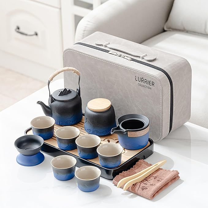 LURRIER Gongfu tea sets, Portable Ceramic TeaSet, Asian Tea sets for adult, Tea Gift sets, Grey leather case, Portable Travel Bag,Home,Gifting,Outdoor and Office(Black and Blue)