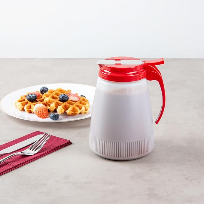 Restaurantware-Chef 101 48 Ounce All Purpose Syrup Dispenser, 1 Honey Dispenser - Red Top, Stainless Steel Slide Cover, Plastic Pancake Syrup Bottle, Perfect For Diners, Restaurants, Home