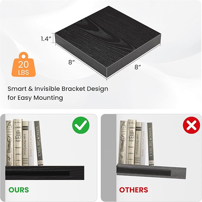 Square Floating Shelves for Wall, 7.5" W x 7.5" D x 1.4" H, Small Wooden Wall Mounted Display Shelf with Invisible Brackets for Living Room, Bathroom, Kitchen Decor, Set of 4, Black