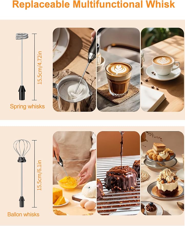 Milk Frother Handheld, Rechargeable Coffee Frother Wand with Detachable Double Whisk, IP67 Waterproof Hand Frother, 3 Grade Speed Fast Foaming for Matcha, Lattes, Cappuccino, Ideal for Coffee Lovers