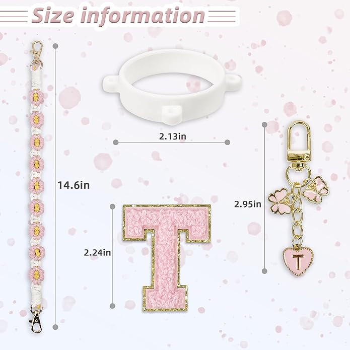 Compatible with Owala Water Bottle Accessories, Cute Letter Charm Set with Boho Handle Strap, Monogram Sticker, Silicone Ring, Keychain Decoration, for FreeSip 24 32 40oz, Owala Kids, Tumbler Gift