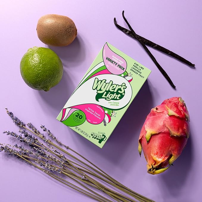 Wyler's Light Singles to Go Powder Packets, Water Drink Mix, Variety, Watertok Base Flavors, Kiwi Lime, Vanilla, Lavender, and Dragon Fruit, Sugar & Caffeine Free, On-The-Go, 20 Count (Pack of 2)