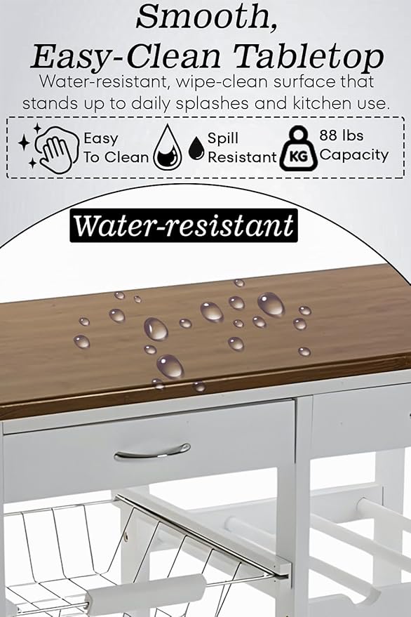 Kitchen Island Cart with Drawers, Lockable Wheels - Rolling Serving Utility Trolley - Mobile Countertop Open Shelf Storage Cabinet Basket for Dining Room, Coffee Bar (White)