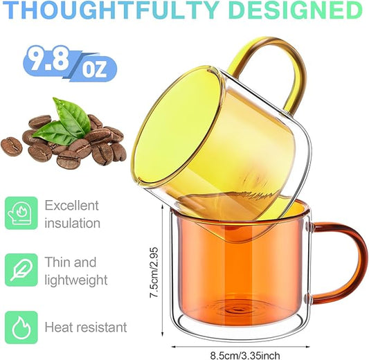 Domensi 4 Pcs Double Wall Coffee Mugs 10 Ounce Milk Glass Mugs with Handle Insulated Tea Cups Gift Set for Holidays Birthday Home Coffee Bar(Amber, Green, Blue, Yellow)