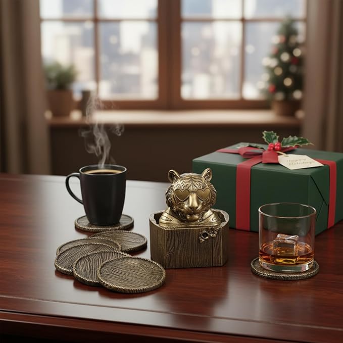 Cabin Coasters Set 6 Full Size Non-Slip Bar Coasters, Indoor Christmas Decorations, Man Cave Gifts for Men, Rustic Handmade Decor for The Home (Tiger)