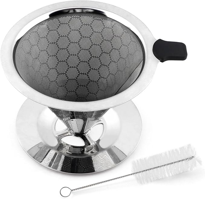 Pour Over Coffee Dripper, Double Mesh Coffee Filte-r Paperless Coffe-e Strainer Reusable Coffe-e Maker Dripper with Stand and Cleaning Brush(COLOR:Silver)
