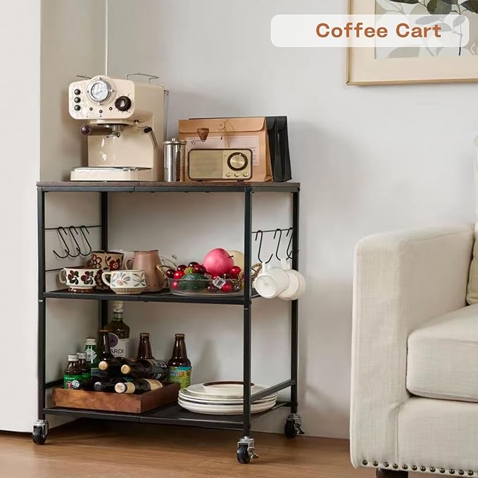 Rolling Kitchen Microwave Cart, 3 Tier Microwave Stand with Storage, Small Kitchen Island on Wheels, Wood and Mental Kitchen Shelf Rack, Black Organizer for Living Room, Office, Balcony