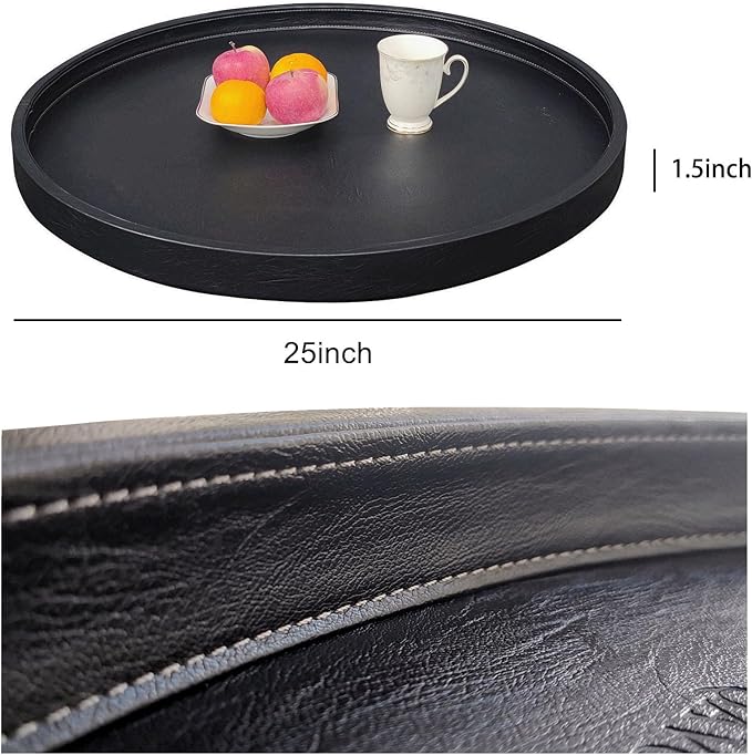 25x25 High-End Light Luxury Leather Round Oversized Tray - Ottoman Coffee Food Serving for Family Dinner, Outdoor Picnic & Party Essentials | Versatile Home Decor Tray(25 inch Black)