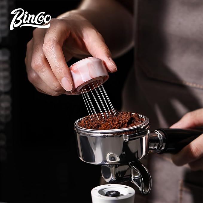 Bincoo 2-in-1 Coffee Tamper 58MM& WDT Tool,Espresso Tamper with Distributor Stirrer Function-Magnetic Espresso Tamper with 12 Needles,Professional Coffee Distribution & Tamping Tool for Barista(Black)