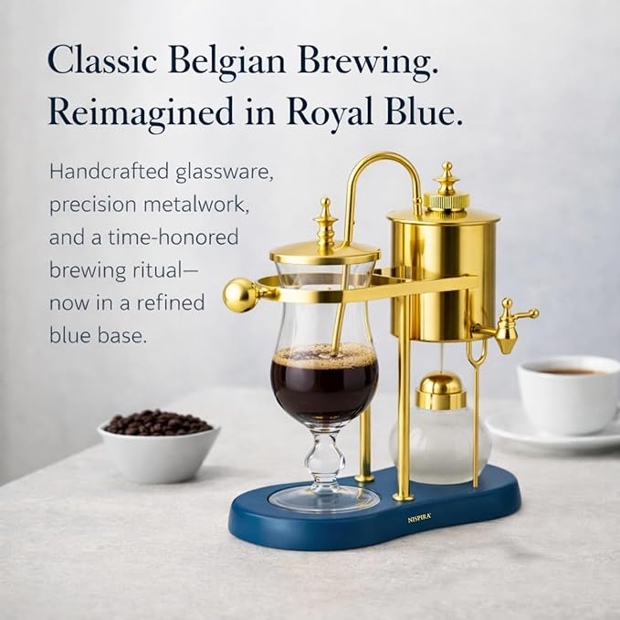 Nispira Belgian Balance Syphon Vacuum Coffee Maker, 500ml Vintage Gravity Brewing System, Gold & Peacock Blue Finish, Manual Tabletop Coffee Brewer