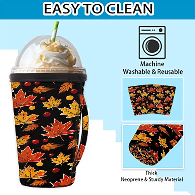 Reusable Iced Coffee Sleeve with Handle, Fall Autumn Maple Leaves Pattern Neoprene Cup Sleeve Insulator Cup Holder for Cold Drinks Beverages 16oz - 18oz