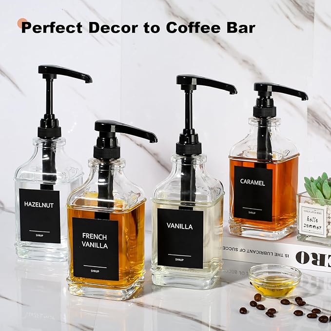 GMISUN Coffee Syrup Dispenser, 16.9 fl oz Syrup Pump Dispenser for Coffee Bar Accessories, Square Glass Syrup Bottle for Coffee Bar Essentials, Simple Maple Syrup Bottles with ¼oz Large Capacity Pump