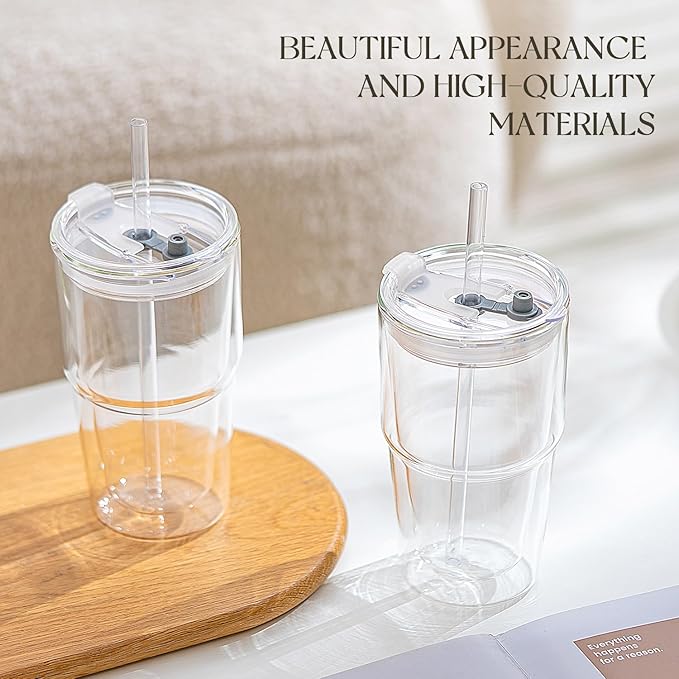 16oz Clear Double Wall Drinking Glass Cups with Lids and Straws, 2 Pc Set – Condensation Resistant Insulated Glass Can Tumblers for Cold Drinks,Iced Coffee,Tea,Juice and Mixed Drinks Cleaning Brush