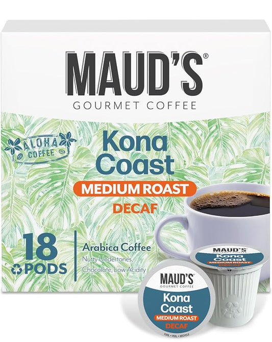 Maud's Decaf Kona Coffee Pods, 18 ct, Decaffeinated Medium Roast Coffee in Recyclable Single Serve Pods – 100% Arabica Coffee, Compatible with Keurig K Cups Maker