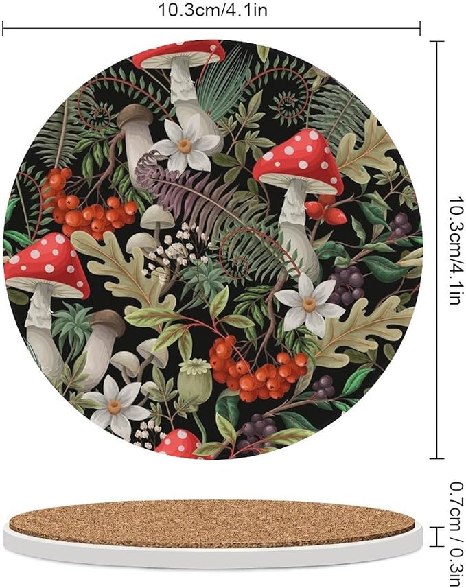 Round-4PCS Botanical Drink Coasters, Round Modern Ceramic Absorbent Coasters, Wild Floral Botanical Mushroom Nature Plants Herbs Decor Desk Coffee Table Coaster for Beverage Cup Tea Coasters