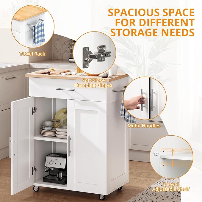 Kitchen Island Cart, Small Kitchen Island with Storage - Large Drawer, Adjustable Shelf & Towel Rack, Mobile Rolling Kitchen Island with Wheels, Space-Saving White Kitchen Organizer for Dining Room