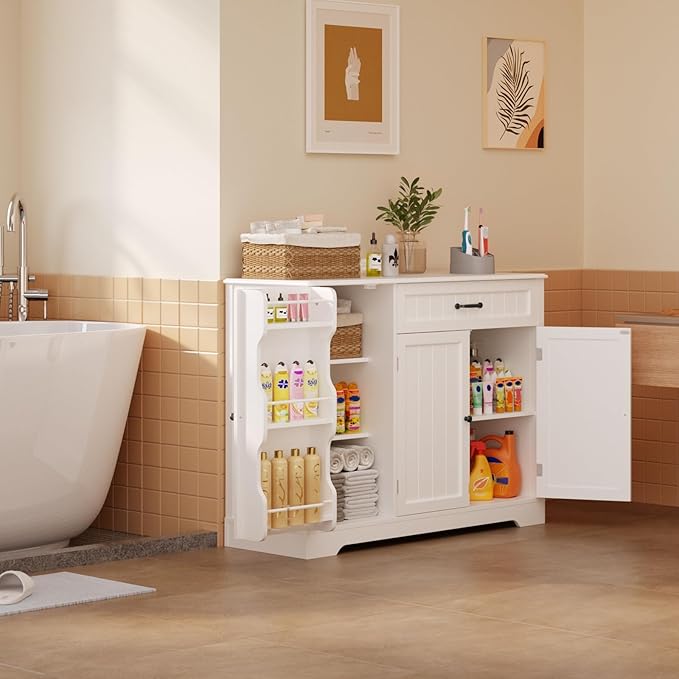Gizoon Kitchen Coffee Bar Cabinet with Storage Kitchen Sideboard Buffet Cabinet with Drawers, Short Pantry with Door and Shelves for Bathroom and Living Room, White