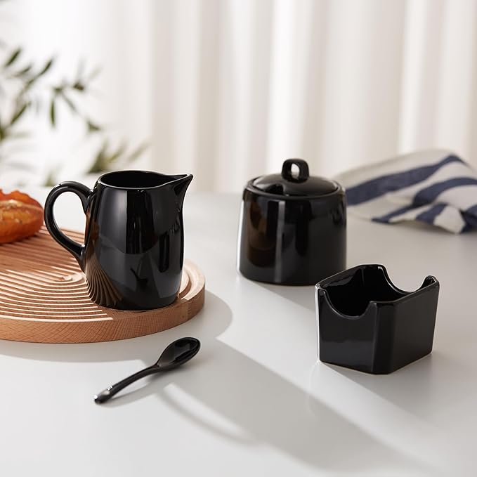 KooK Sugar and Creamer Set, 3 Piece, Pitcher, Sugar Bowl with Lid and Spoon, Sweetener Holder (Black)