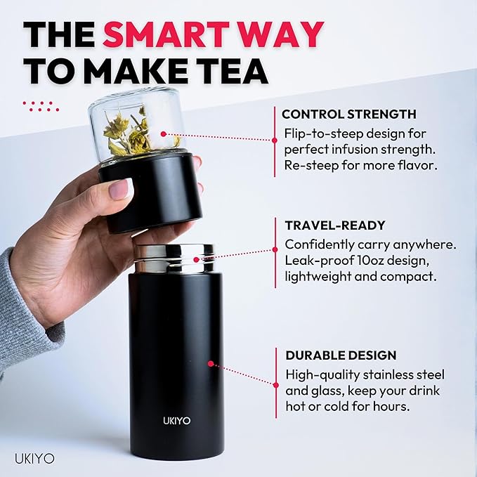 Ukiyo Steel Premium Stainless Steel and Glass Tea & Fruit Infuser Bottle - Travel Tumbler with Stainless Steel Filter