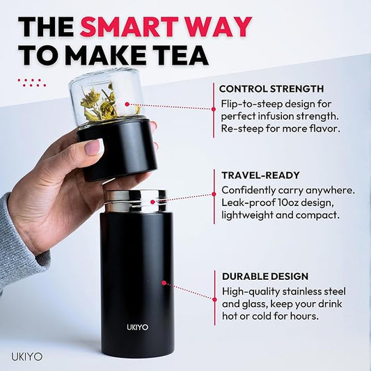 Ukiyo Steel Premium Stainless Steel and Glass Tea & Fruit Infuser Bottle - Travel Tumbler with Stainless Steel Filter