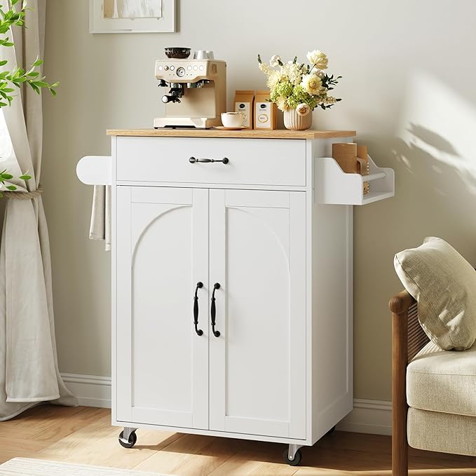Kitchen Island Cart, Small Kitchen Island with Storage Cabinet and Drawer, Rolling Kitchen Cart on Wheels with Spice Rack and Towel Rack, for Kitchen, Dining Room, White and Natural