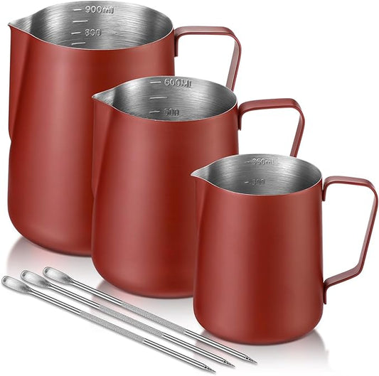 Maxdot 3 Pack Milk Frothing Pitcher 12 Oz, 20 and 30 oz Milk Frother Cup Stainless Steel Espresso Steaming Pitcher with Scale Frother Jug with Art Pen for Cappuccino Coffee Latte Art (Claret)