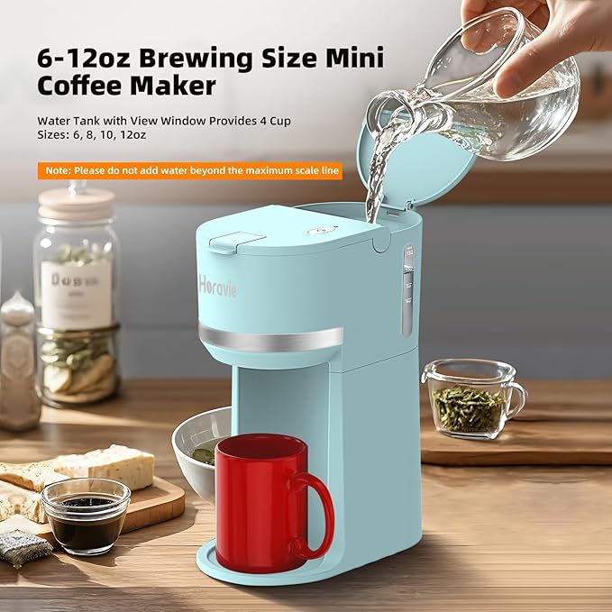 Horavie Mini Single Serve Coffee Maker for K Cup and Ground Coffee, Fast Brew One Cup Coffee Machine with Descaling Reminder and Water Window, 6 to 12 oz. Brew Sizes, Light Blue
