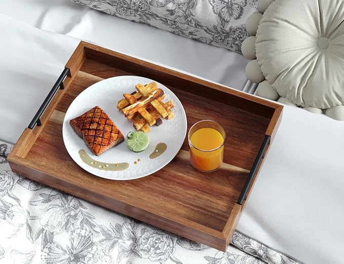 Acacia Wood Set of 2 Serving Tray with Metal Handles,Ottoman Decorative Trays Platter for Coffee Table,Living Room,Bar,Party