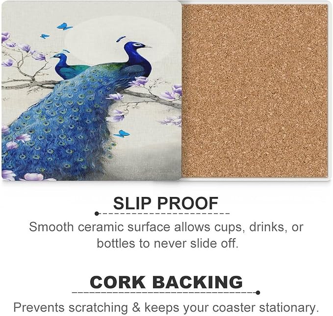 Square-6PCS Peacock Drink Coasters, Square Modern Ceramic Absorbent Coasters, Vintage Style Beautiful Blue Peacock Floral Decor Desk Coffee Table Coaster for Beverage Cup Tea Coasters