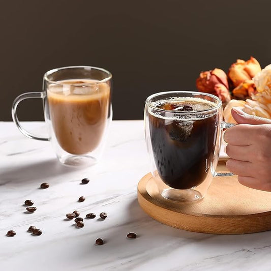 Espresso Cups Set Of 2, Double Walled Glass Coffee Mugs with Handle,Insulated Layer Coffee Cups,Clear Borosilicate Glass Mugs,Perfect for Cappuccino,Tea,Latte,Espresso (12oz-4Pack)