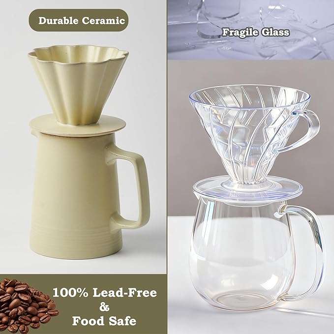 Pour Over Coffee Maker, Ceramic Coffee Dripper with 40pcs V02 Paper Filter & Coaster, 18.2oz/540ml Flower Shape Pour Over Coffee Filter set (Celadon Set)