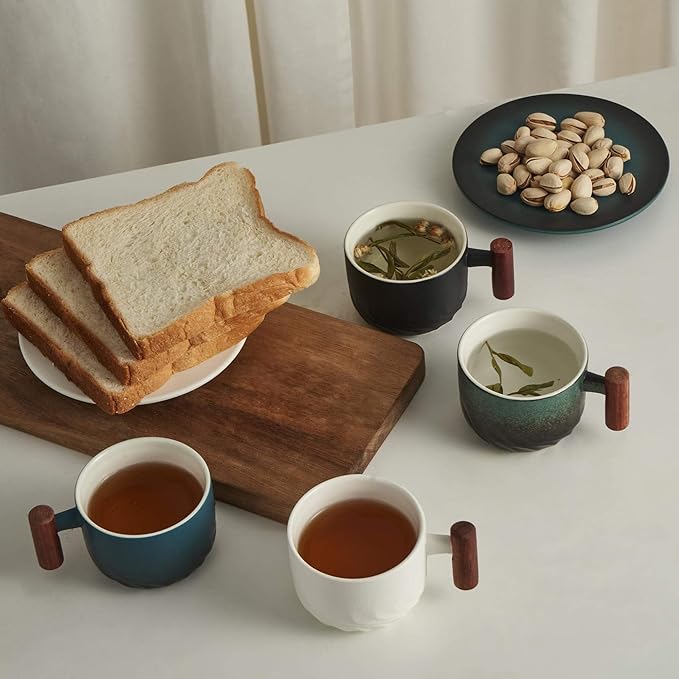 2.5oz Ceramic Espresso Cups with Wooden Handle, Small Coffee Cups Double Shot Espresso Cups Set of 4