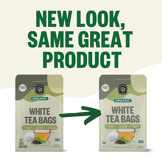 FGO Organic White Tea, 100 Count, Eco-Conscious Tea Bags, Resealable Bag, Packaging May Vary(Pack of 1)