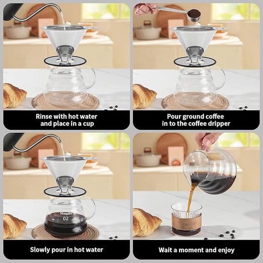 Mongdio Pour Over Coffee Dripper, Stainless Steel Coffee Dripper, Reusable Metal Coffee Filter, Double Mesh Design of Pour Over Coffee Maker with Removable Base, 1-4 Cups