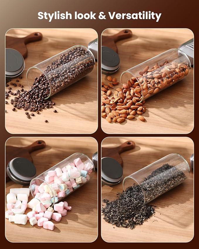 Coffee Canister with Airtight Lid, One-Press Button Borosilicate Glass Coffee Container with PP Silicone Lid, Food Storage Container for Grounds Coffee, 1lb Beans, Flour, Cereal, Sugar