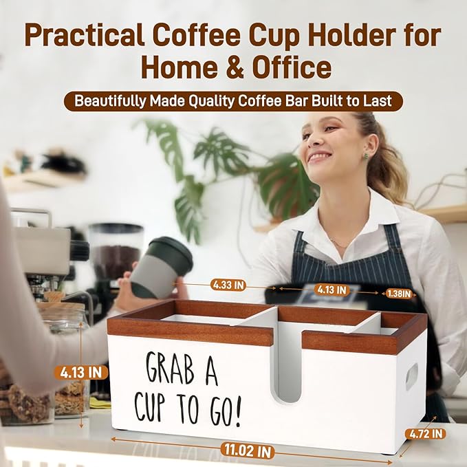 100% Wooden Coffee Cups Holder with U-Shape Cutout Design for Countertop-Coffee Bar Organizer for Cups, Lids, Pods, Stirrers, and Accessories, Great Gift for Home or Office (White)
