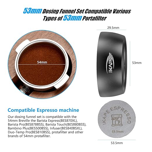 IKAPE Magnetic Dosing Funnel Set, 53MM Espresso Dosing Ring & Puck Screen Kit Compatible with 53 mm Bottomless Portafilter - with 10 Small Magnet (Black)