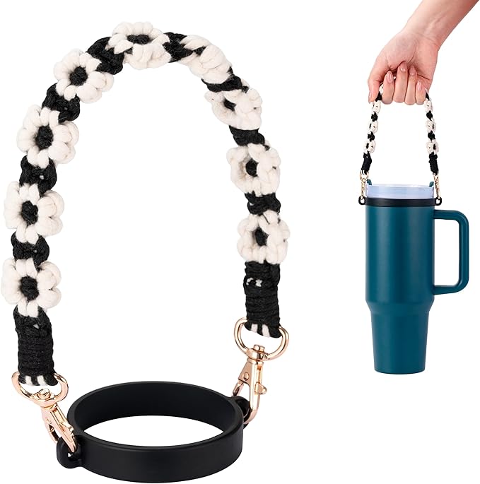 Water Bottle Handle, Hand-Woven Lanyards Silicone Water Bottle Sling, Carrier, Holder with Strap Compatible 8-40oz Stanley Cup Hydroflask Bottle Accessories-Flower Black
