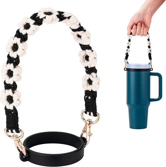 Water Bottle Handle, Hand-Woven Lanyards Silicone Water Bottle Sling, Carrier, Holder with Strap Compatible 8-40oz Stanley Cup Hydroflask Bottle Accessories-Flower Black