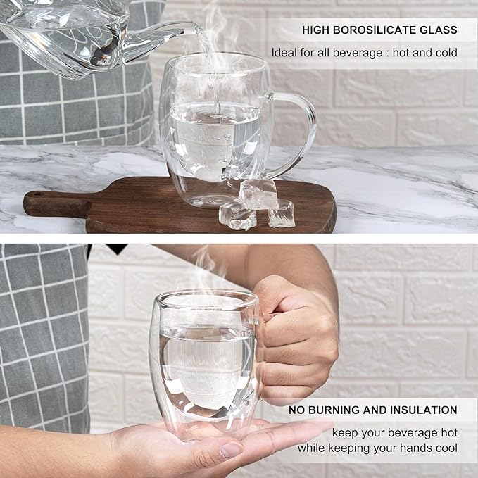 Double walled glass coffee mugs, Glass Coffee Mugs Set Of 2, Glass Coffee Cups with Handles, 12OZ, Suitable for Cappuccino, Latte, Espresso, Hot Drinks, Cold Drinks
