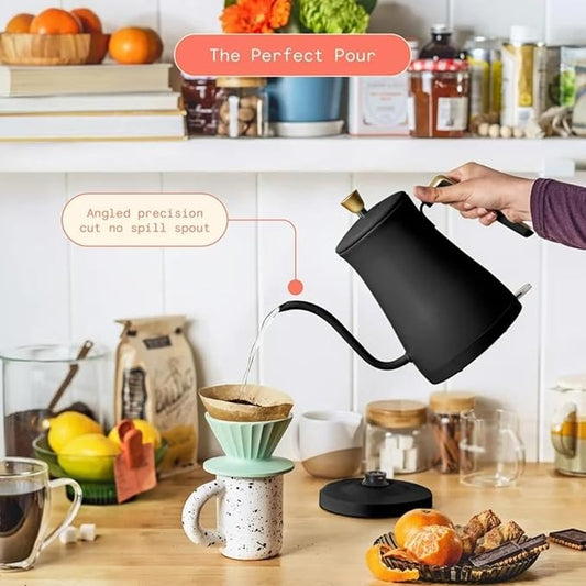 Electric Gooseneck Kettle 1 Liter 1200W, Stainless Steel, Pour Over Coffee Tea, Auto Shut-Off, 360° Cordless Power Base (Black Sesame)