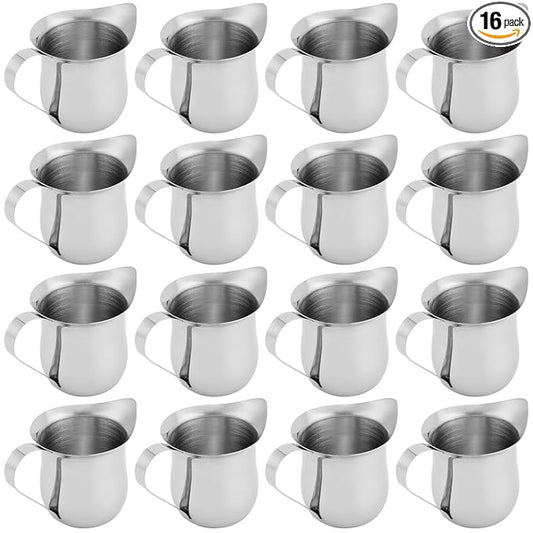 KEILEOHO 16 Pieces 3oz Mini Stainless Steel Pitcher, Stainless Steel Bell Creamer, Bell Shaped Creamer with Handle, Small Metal Pitcher for Serving Cream, Milk, Coffee