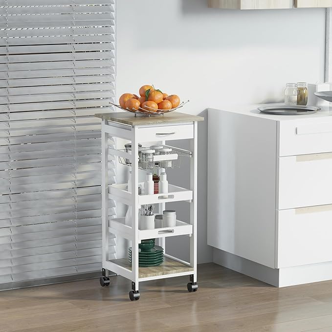 HOMCOM Mobile Kitchen Cart, Rolling Kitchen Island with Storage, Solid Wood Frame Utility Cart with Wire Fruit Baskets, Trays and Drawer, White