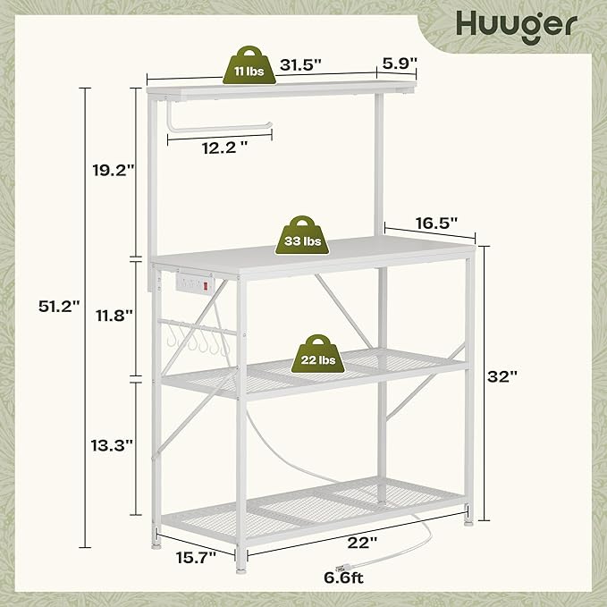 Huuger 4-Tier Bakers Rack with Reversible Power Outlet, 31.5 Inch Microwave Stand, Kitchen Coffee Bar, with Top Shelf, 6 S Hooks, White