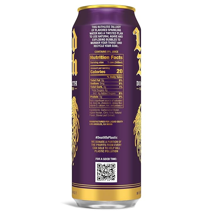 Liquid Death Soda-Flavored Sparkling Water - Doctor Death (Cherry, Cream, Spice), Less Sugar*, Huge Flavor, No Caffeine, No Artificial Sweeteners, King Size 19.2 Fl Oz (Pack of 12)