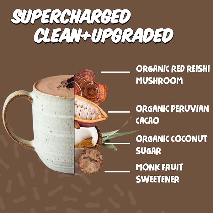 Renude Reishi Cacao Powder - Mushroom Hot Chocolate Drink, Mushroom Coffee Alternative, Hot Cacao Mix with Reishi, Sleep Support, Organic Ingredients - 15 Servings